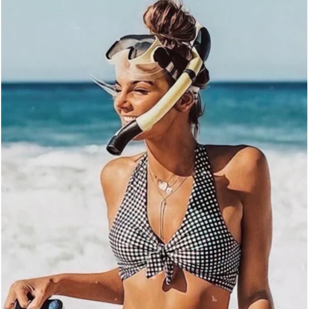 Albion Fit Gingham Knot Bikini Top Women's Small Black White Halter Retro